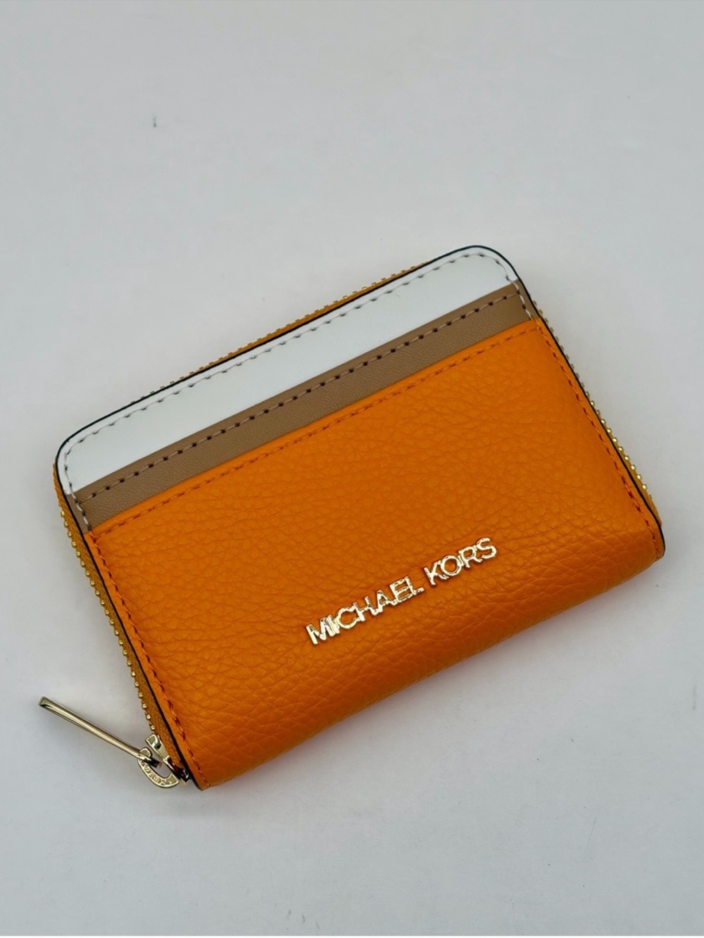 Michael Kors Orange Leather Card Wallet with White and Tan Accents